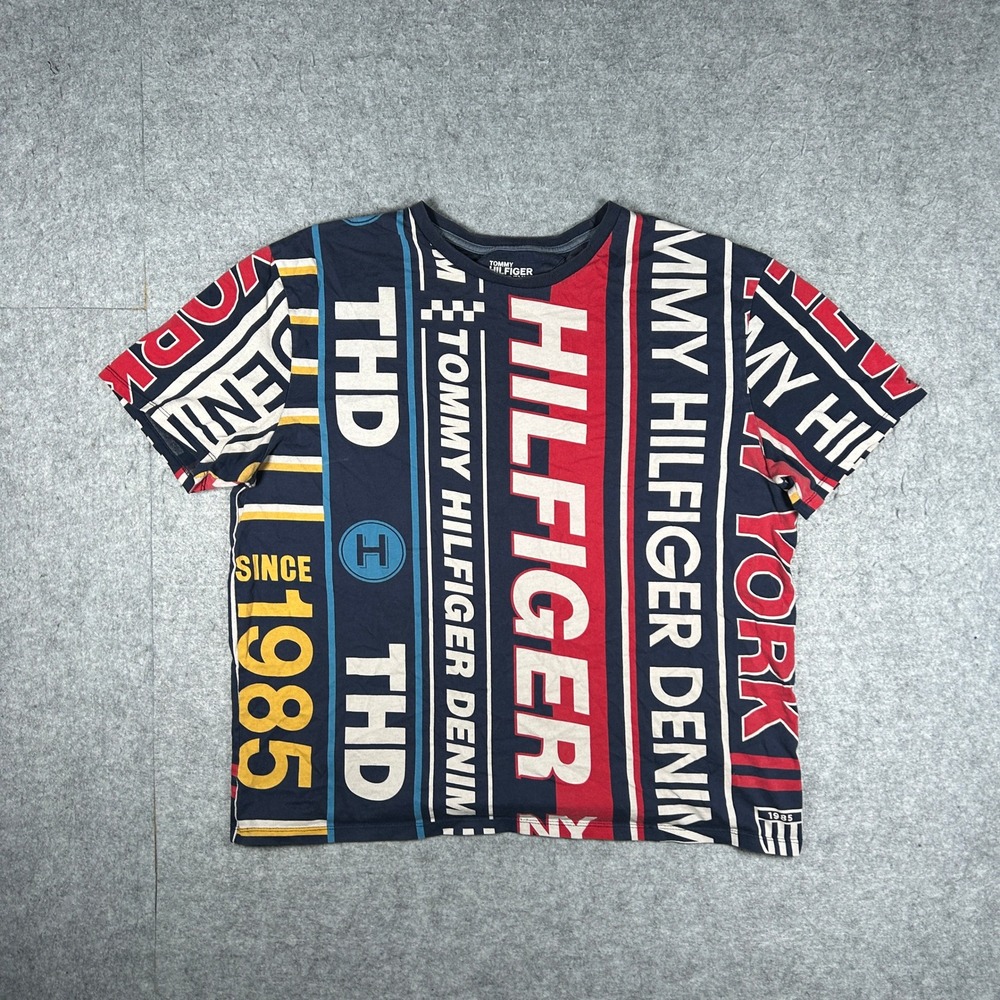 Tommy Hilfiger Denim T-Shirt Mens XL Blue Logo All Over Print Crew Neck Tee